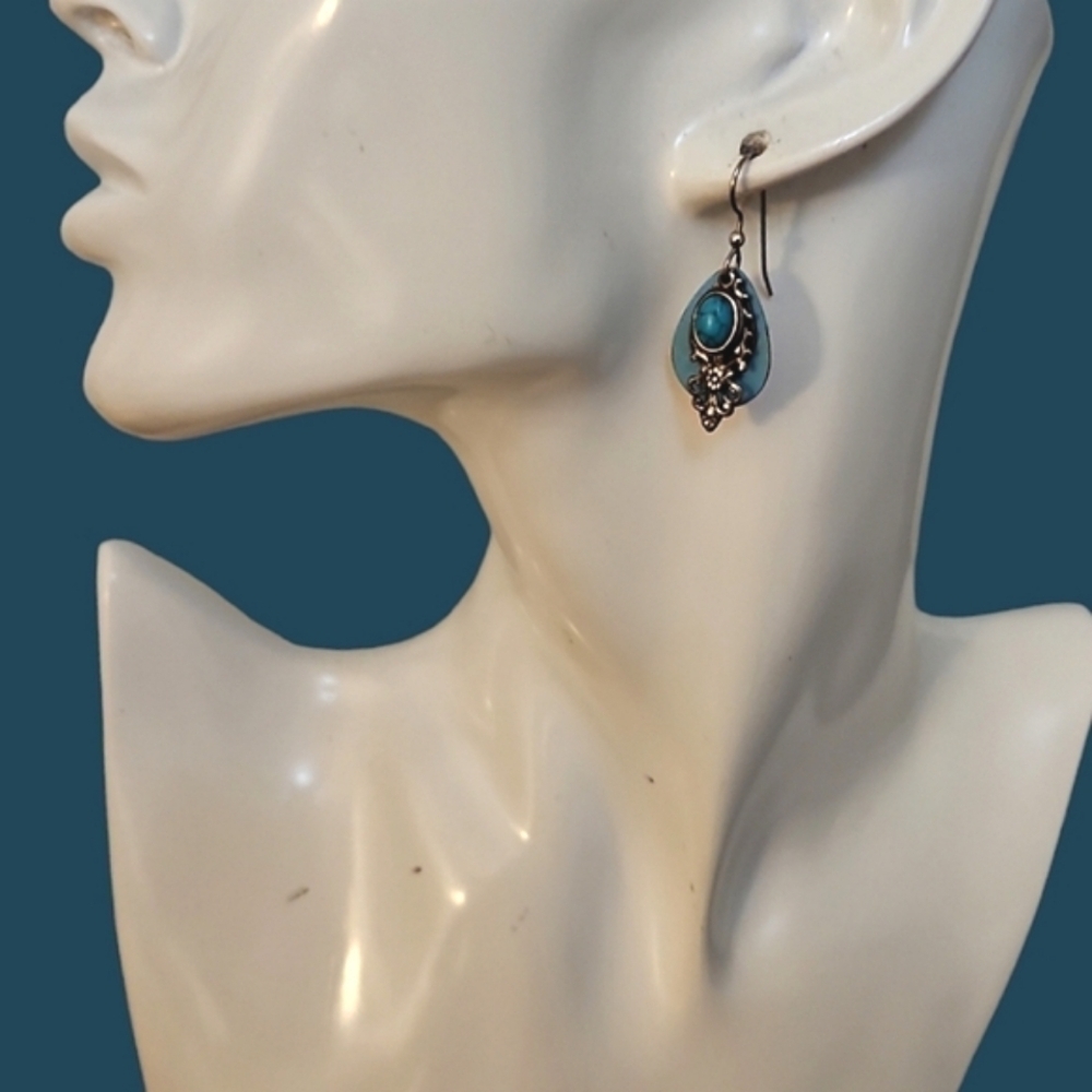 SILVER FOREST Teal Layered Filigree Teardrop Dangle Hook Earrings